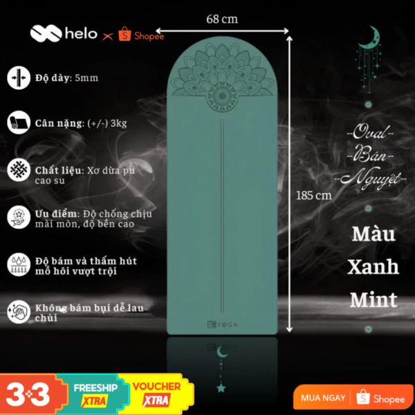 Thảm Tập Yoga Oval Bán Nguyệt - Chất Liệu Xơ Dừa, Chống Trượt, Độ Bền Cao, Tặng Kèm Túi và Nước Vệ Sinh