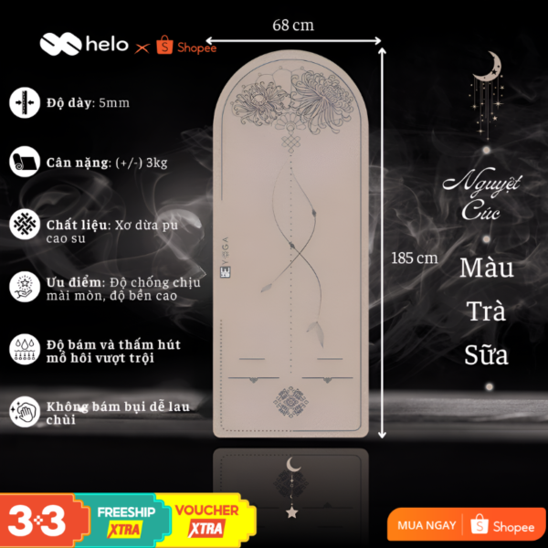 Thảm Tập Yoga Oval Nguyệt Cúc, Chất Liệu Xơ Dừa, Chống Trượt, Độ Bền Cao, Tặng Kèm Túi và Nước Vệ Sinh